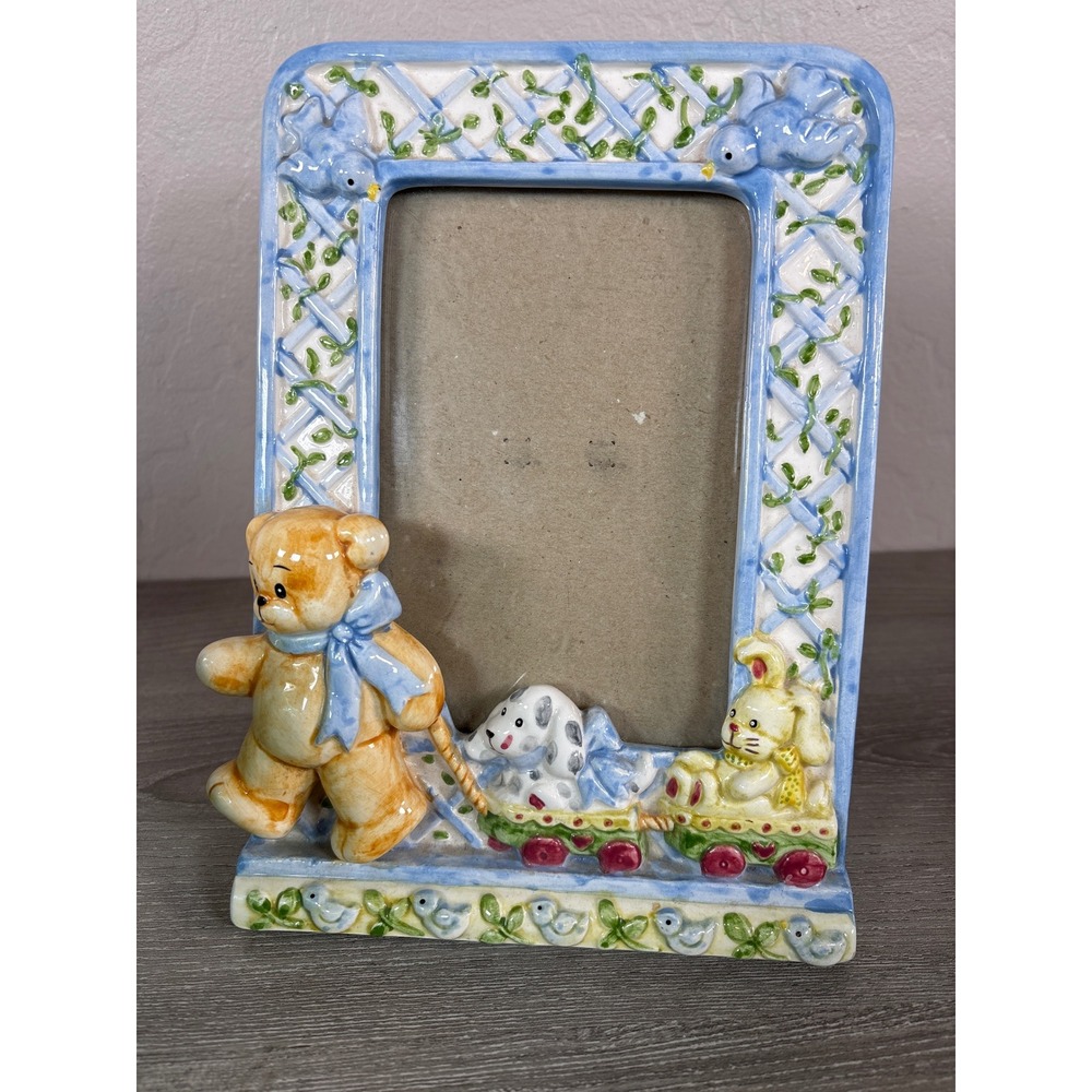 Vintage C.R Gibson Lucy Rigg Ceramic Picture Frame Teddy Bear Train Nursery Blue
